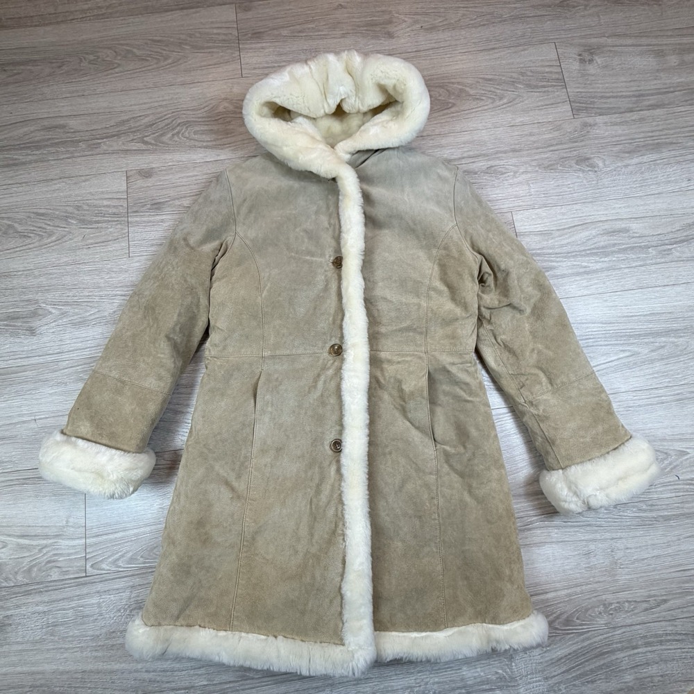Charles Klein Tan Suede Leather Hooded Faux Lined Fur Coat Y2K Penny Lane Medium